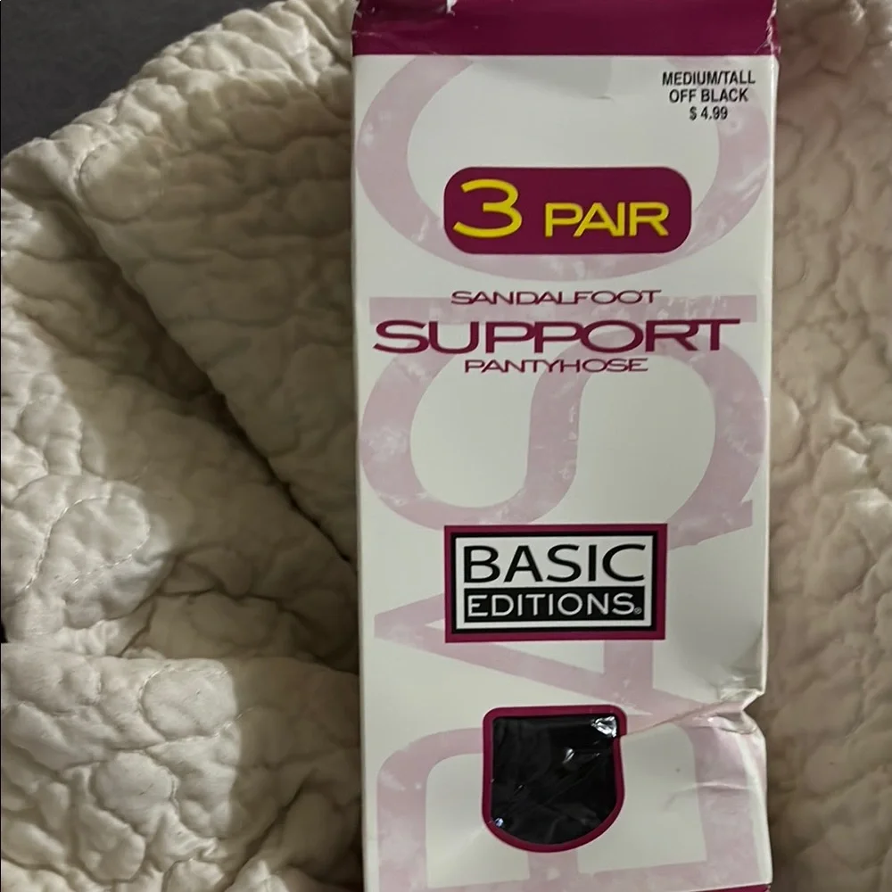 Vintage Basic Editions Off Black Sandalfoot Support Pantyhose 3 Pair